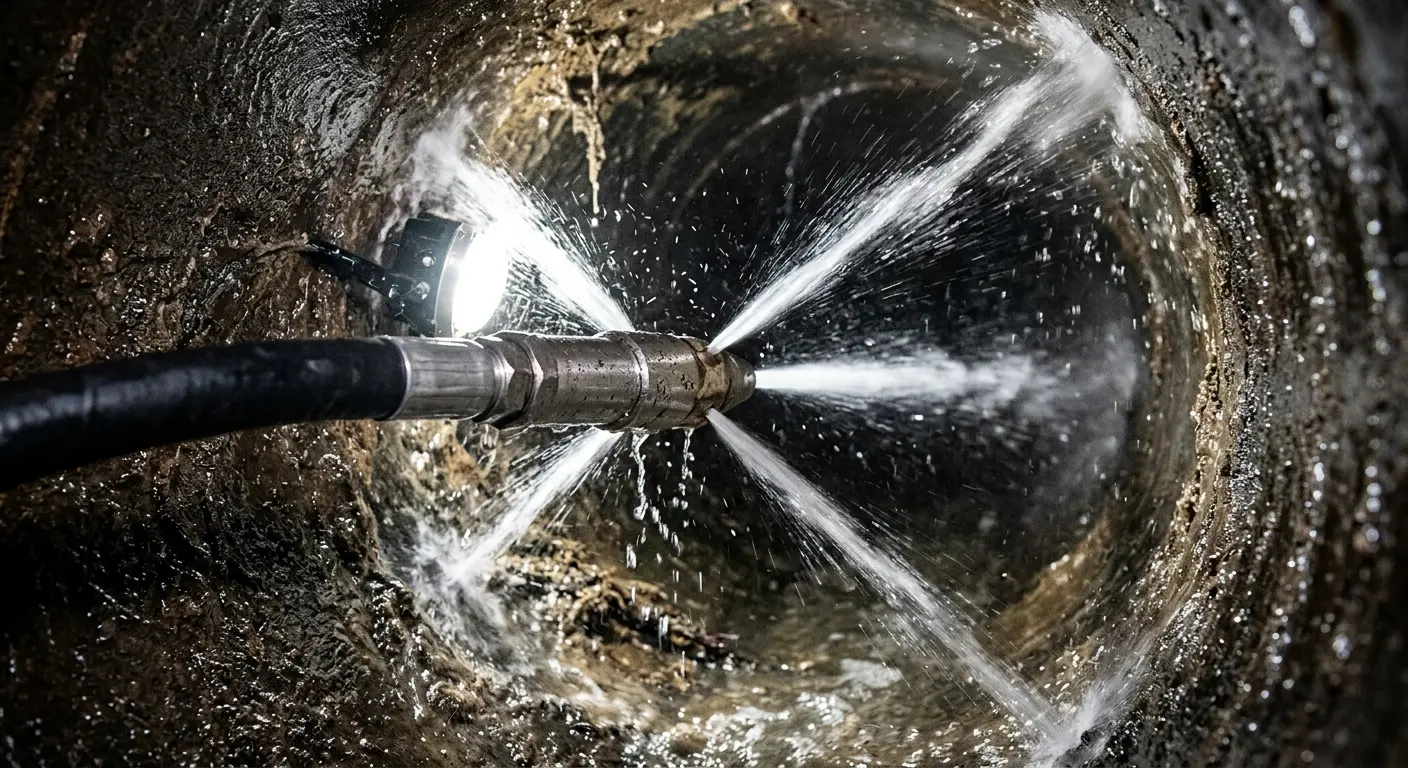 High-pressure hydro jetting nozzle cleaning sewer pipe for Emergency Drain Service in Hot Springs