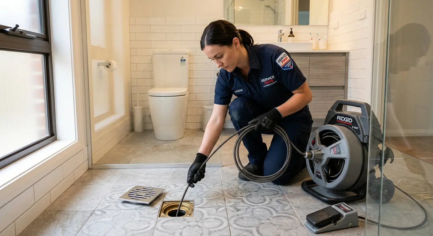 Technician clearing a bathroom floor drain for Drain Cleaning in Hot Springs